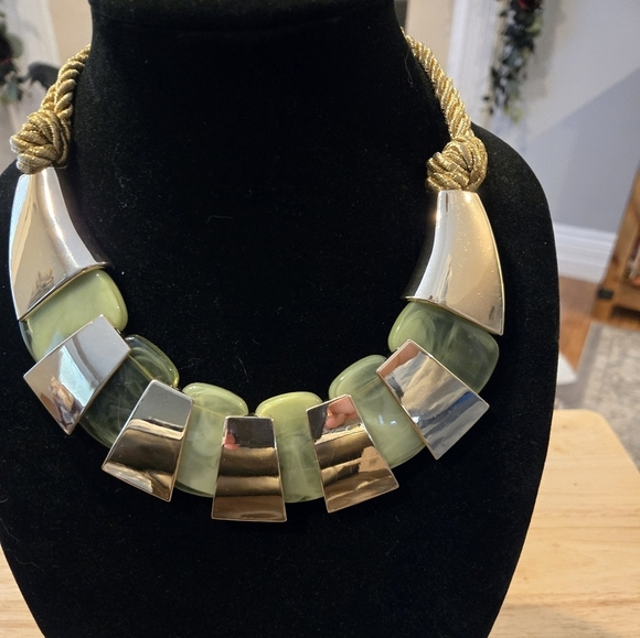 Jewelry - Elegant Silver, Gold, and Green Colored Statement Necklace